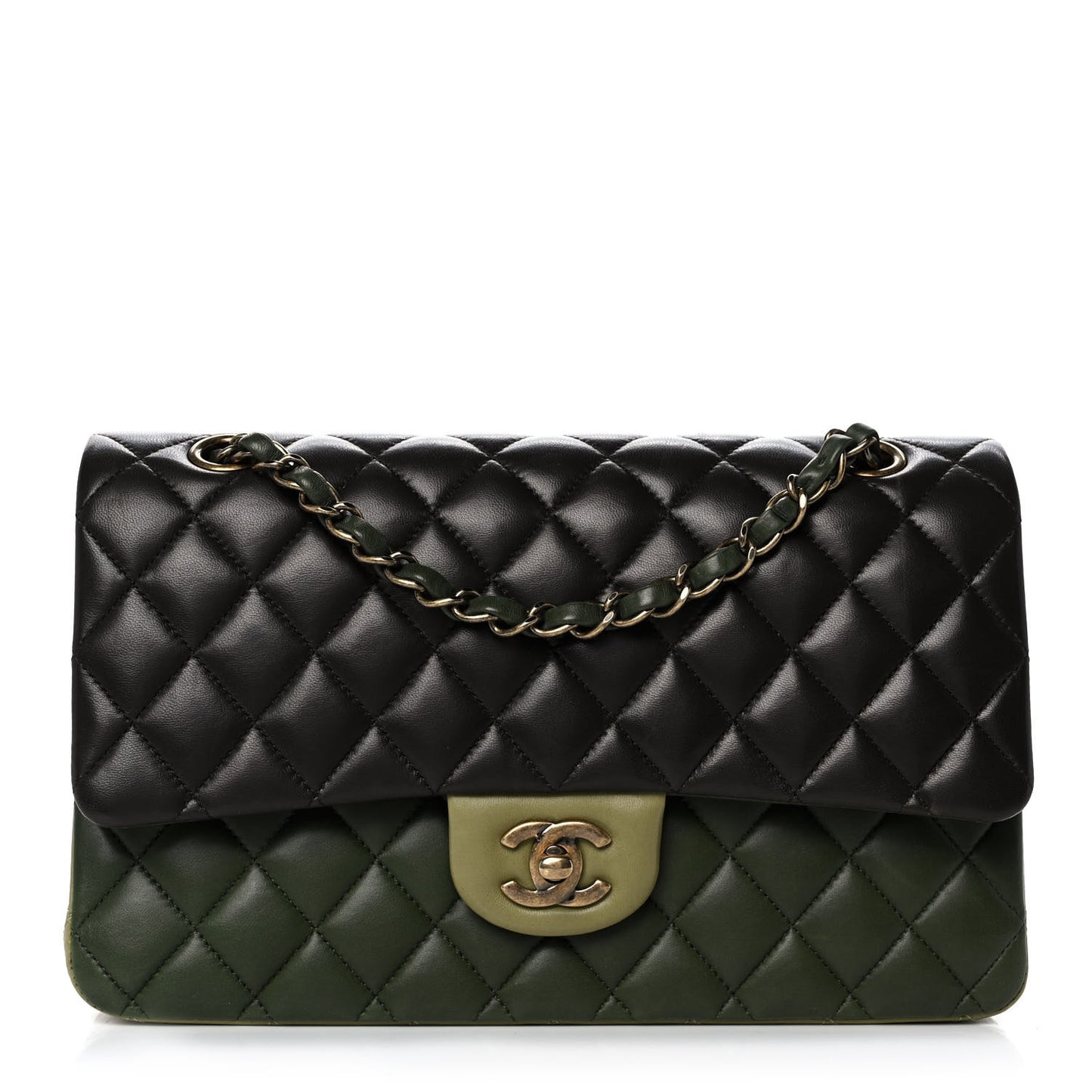 Lambskin Quilted Tri-Color Medium Double Flap Green Brown