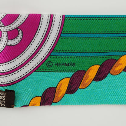 Hermes Silk Grande Tenue Twilly Rose Vif Vert Jaune D' Or 4 of 5