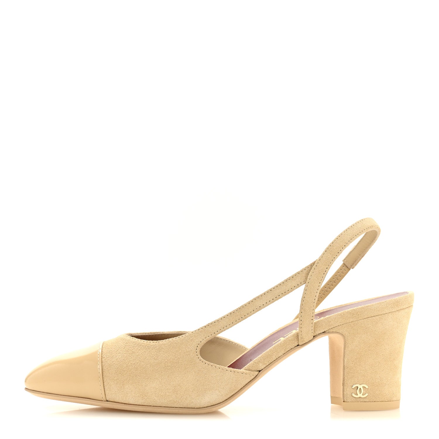 Chanel Suede Patent Cap Toe CC Slingback Pumps 38 Beige 1 of 10