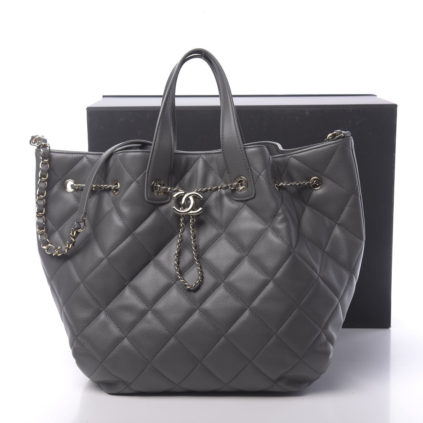 Lambskin Quilted CC Dweller Drawstring Tote Grey
