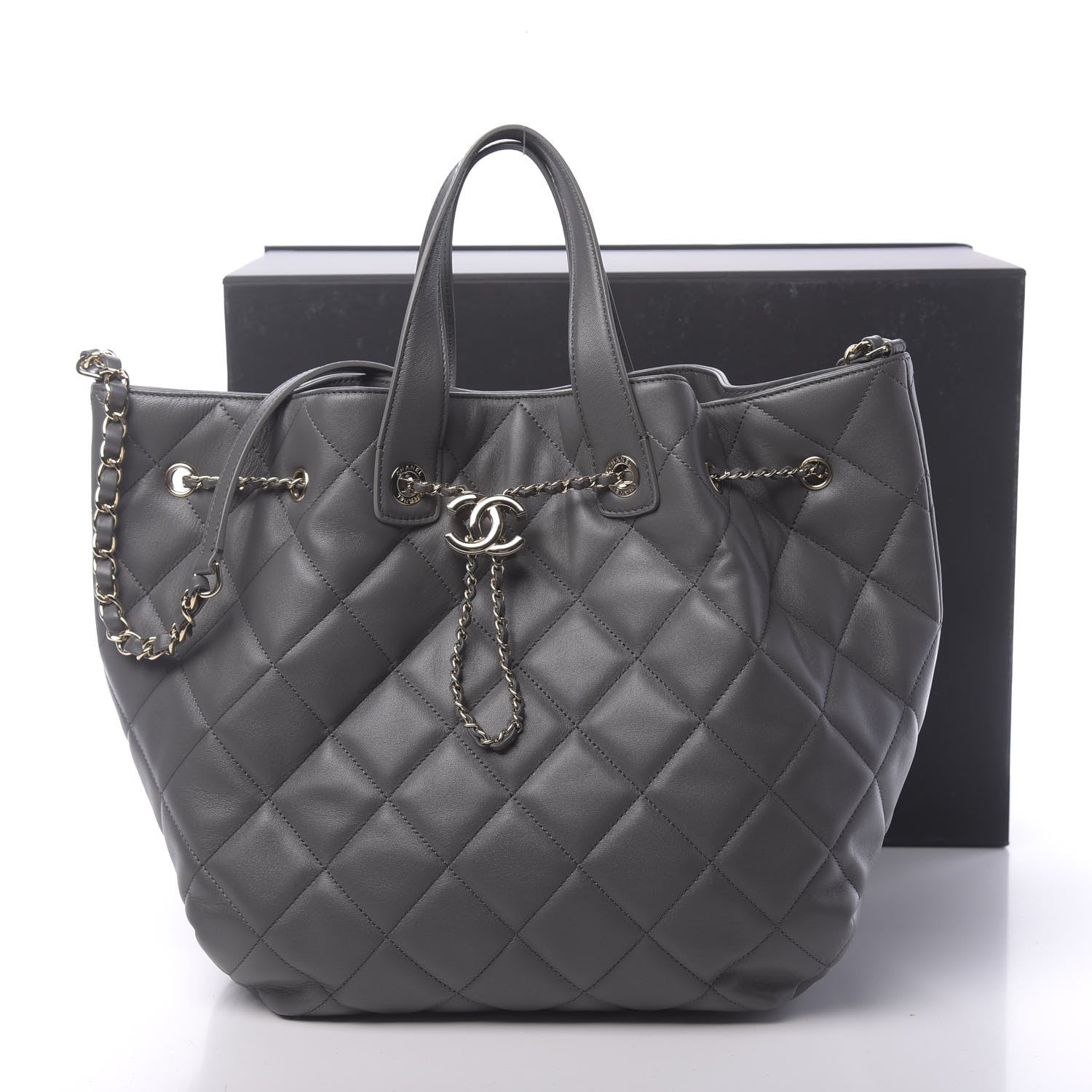 Chanel Lambskin Quilted CC Dweller Drawstring Tote Grey 11 of 11