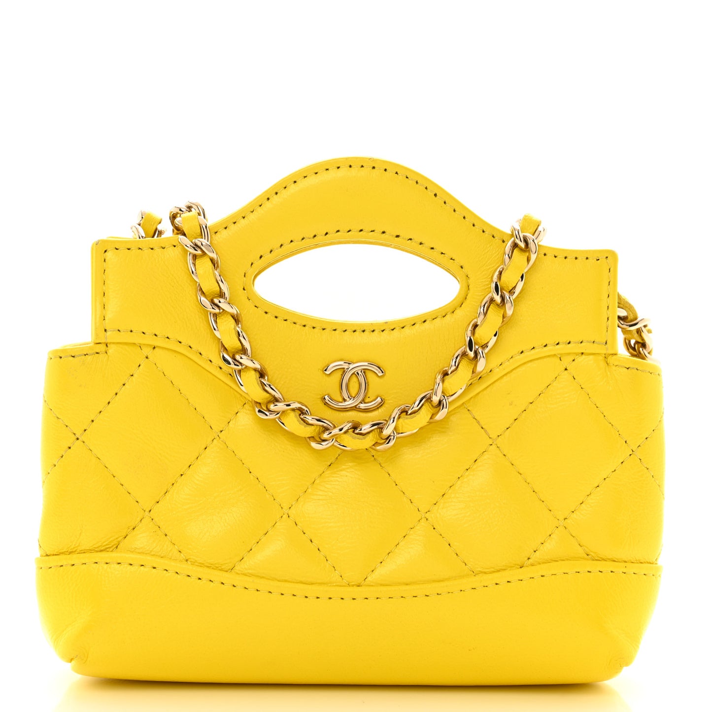Shiny Lambskin Quilted Micro 31 Clutch With Chain Yellow