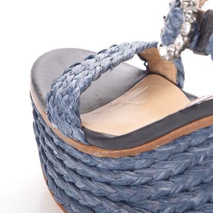 Jimmy Choo Woven Raffia Crystal Buckle Nylah 100 Platform Wedges 39 Dusk Blue 11 of 20