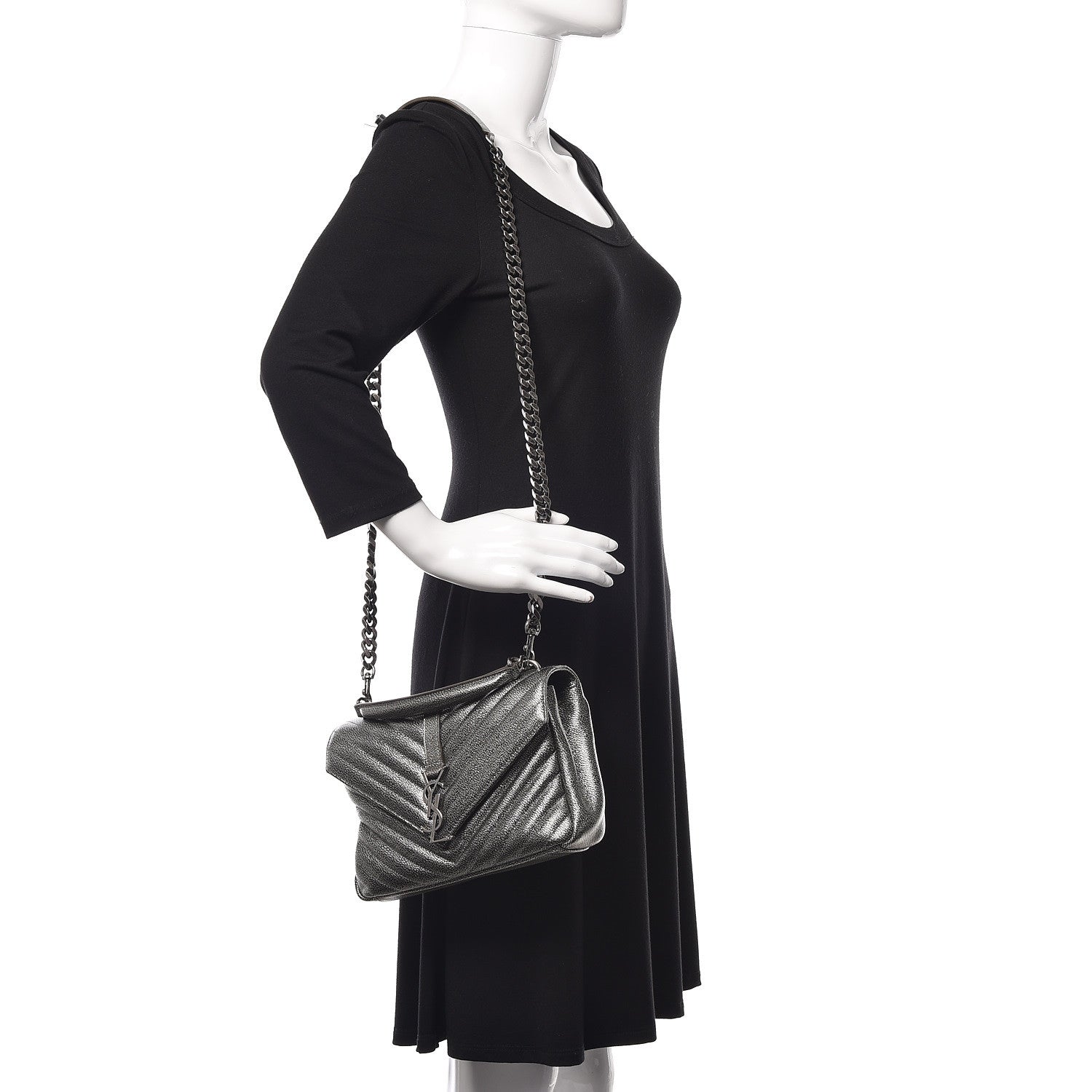 Saint Laurent Metallic Grain De Poudre Matelasse Chevron Monogram Medium College Bag Gunmetal 2 of 10