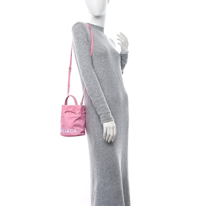 Balenciaga Recycled Sport Nylon Logo Embroidered Wheel Drawstring Bucket Bag XS Pink White 2 of 10