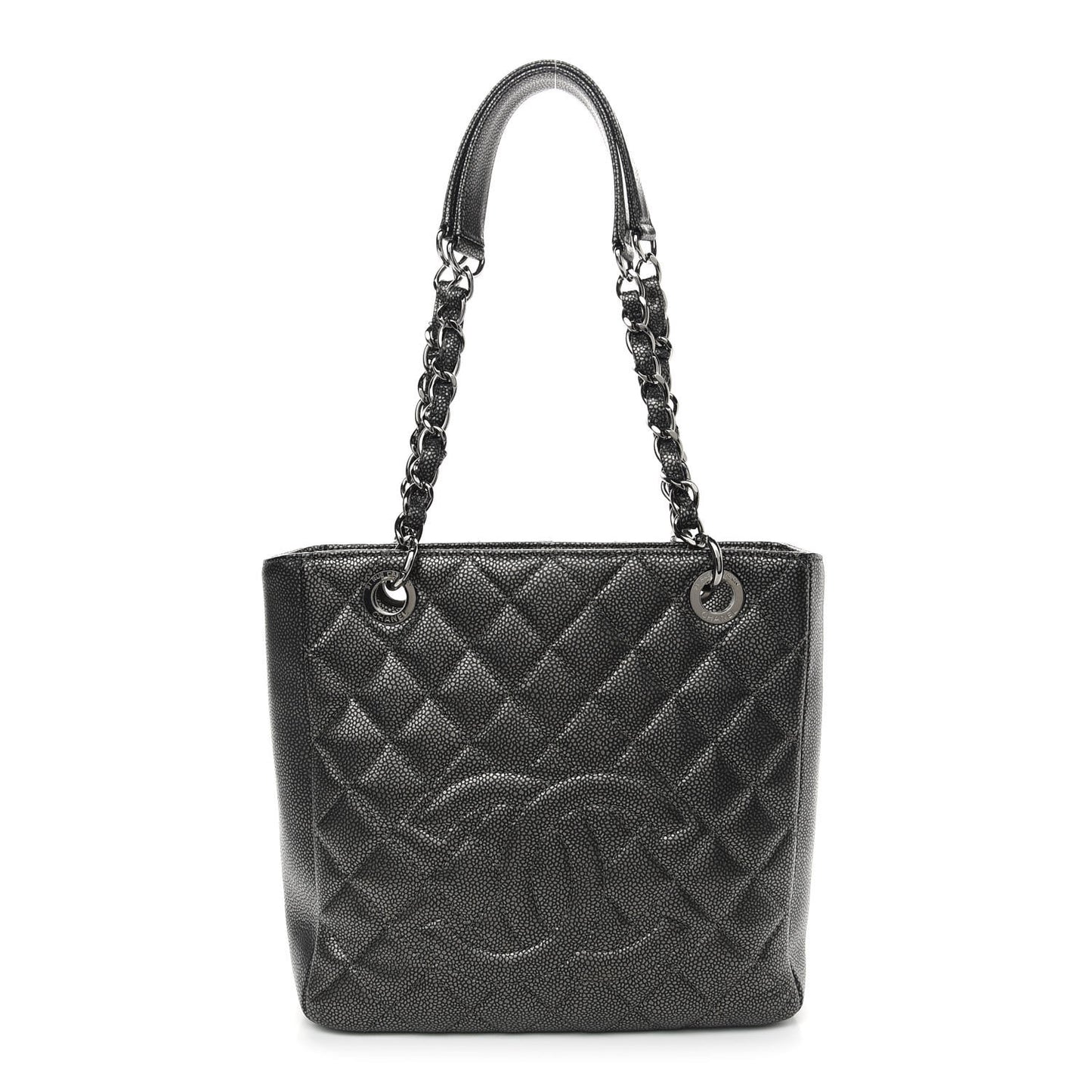 Metallic Caviar Quilted Petit Shopping Tote PST Dark Silver