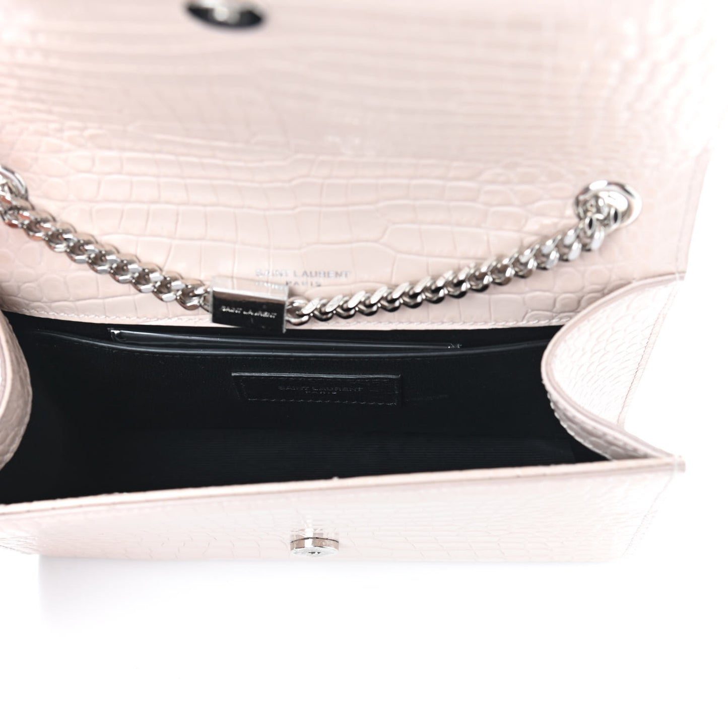 Calfskin Crocodile Embossed Small Classic Monogram Kate Tassel Satchel Washed Light Pink