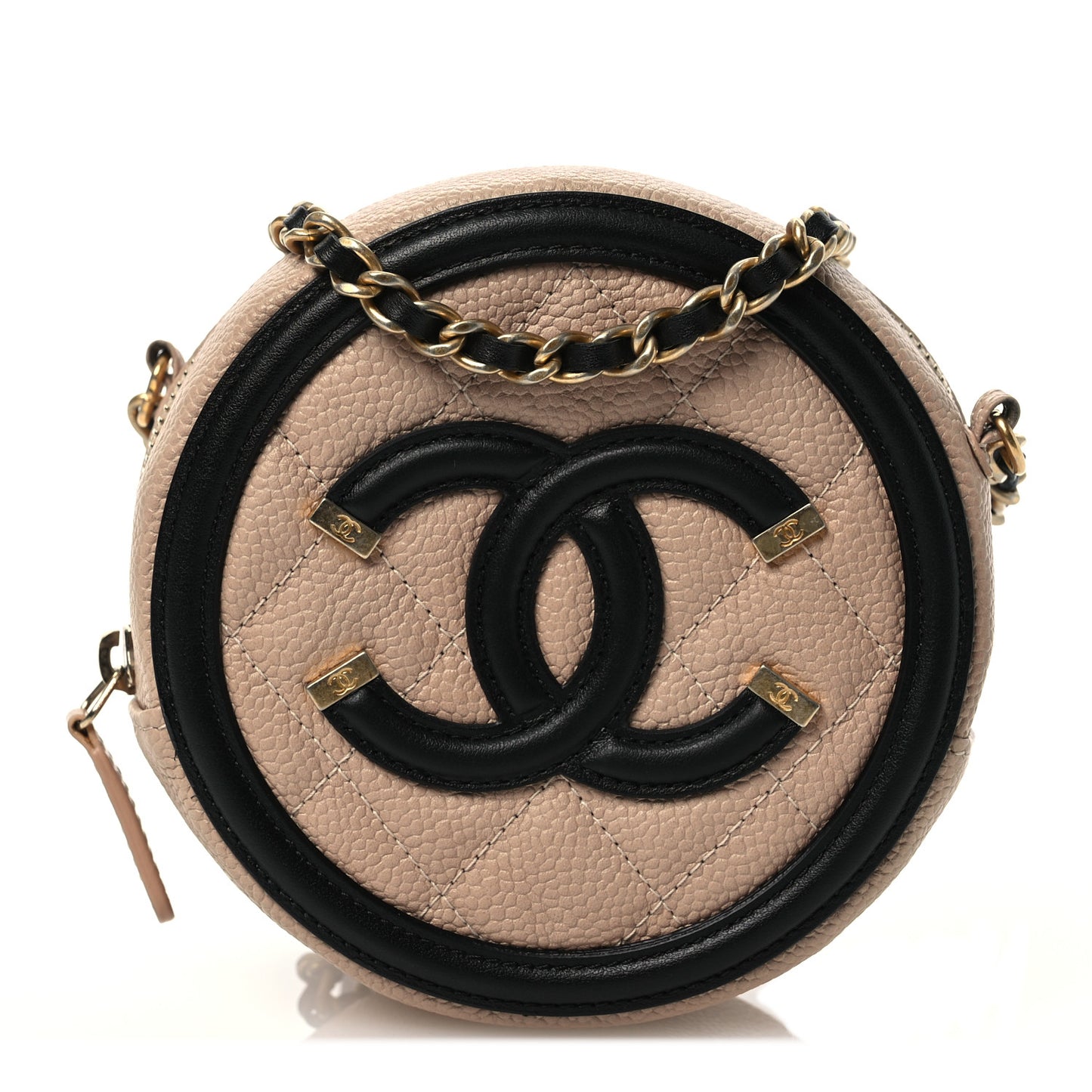 Caviar Quilted Round Filigree Crossbody Beige Black