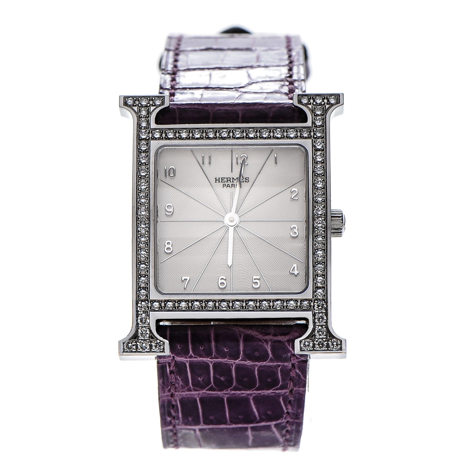 Hermes Stainless Steel Alligator Diamond Bezel 26mm Heure H Hour Quartz Watch Amethyst 1 of 11