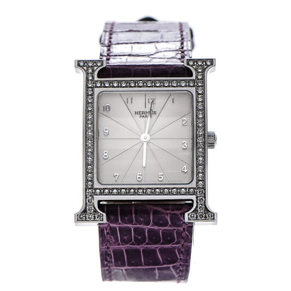 Hermes Stainless Steel Alligator Diamond Bezel 26mm Heure H Hour Quartz Watch Amethyst 1 of 11
