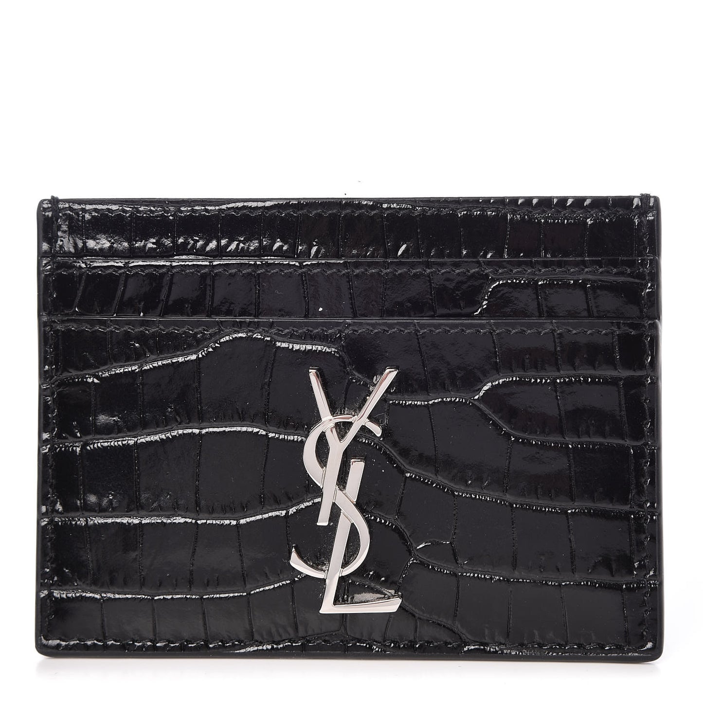 Calfskin Crocodile Embossed Monogram Credit Card Case Black