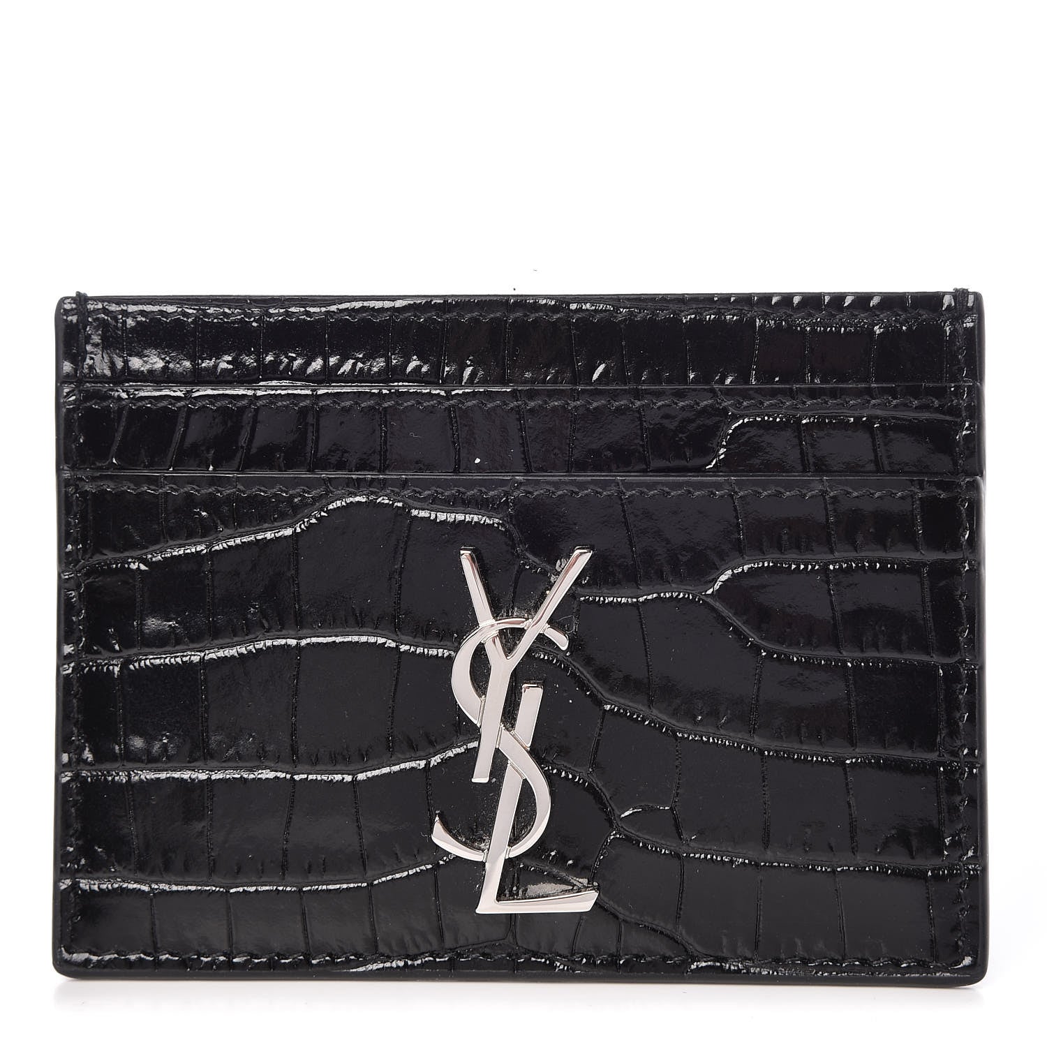Saint Laurent Calfskin Crocodile Embossed Monogram Credit Card Case Black 1 of 8