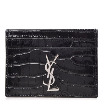 Saint Laurent Calfskin Crocodile Embossed Monogram Credit Card Case Black 1 of 8