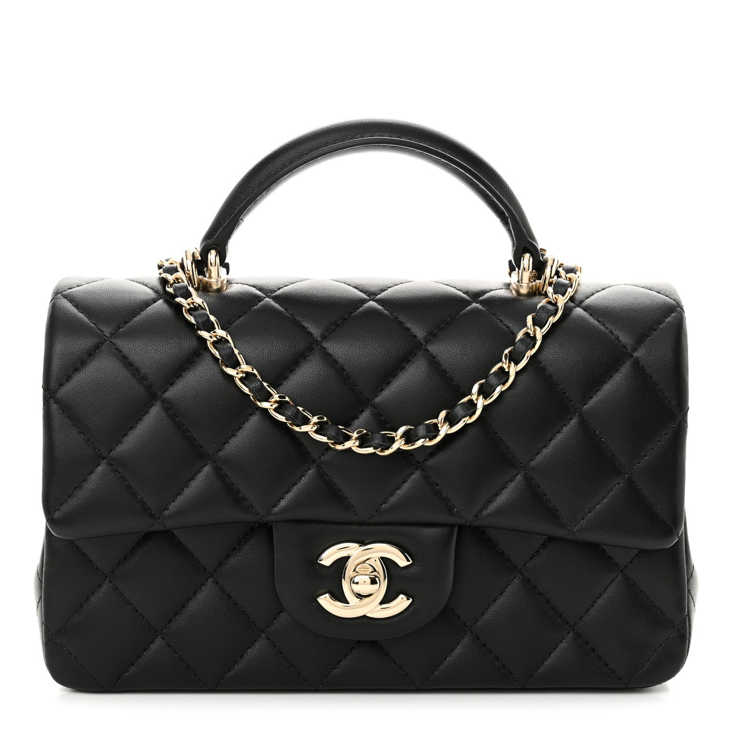 Lambskin Quilted Mini Top Handle Rectangular Flap Black