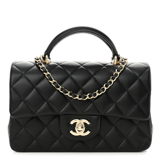 Lambskin Quilted Mini Top Handle Rectangular Flap Black