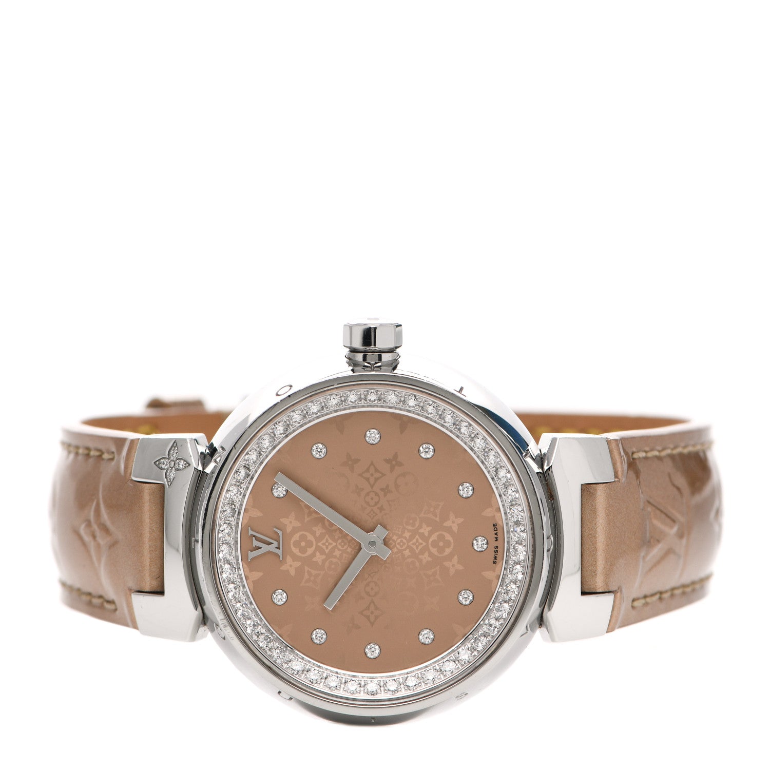 Louis Vuitton Stainless Steel Vernis Diamond 34mm Tambour Bijou Quartz Watch Beige 2 of 5
