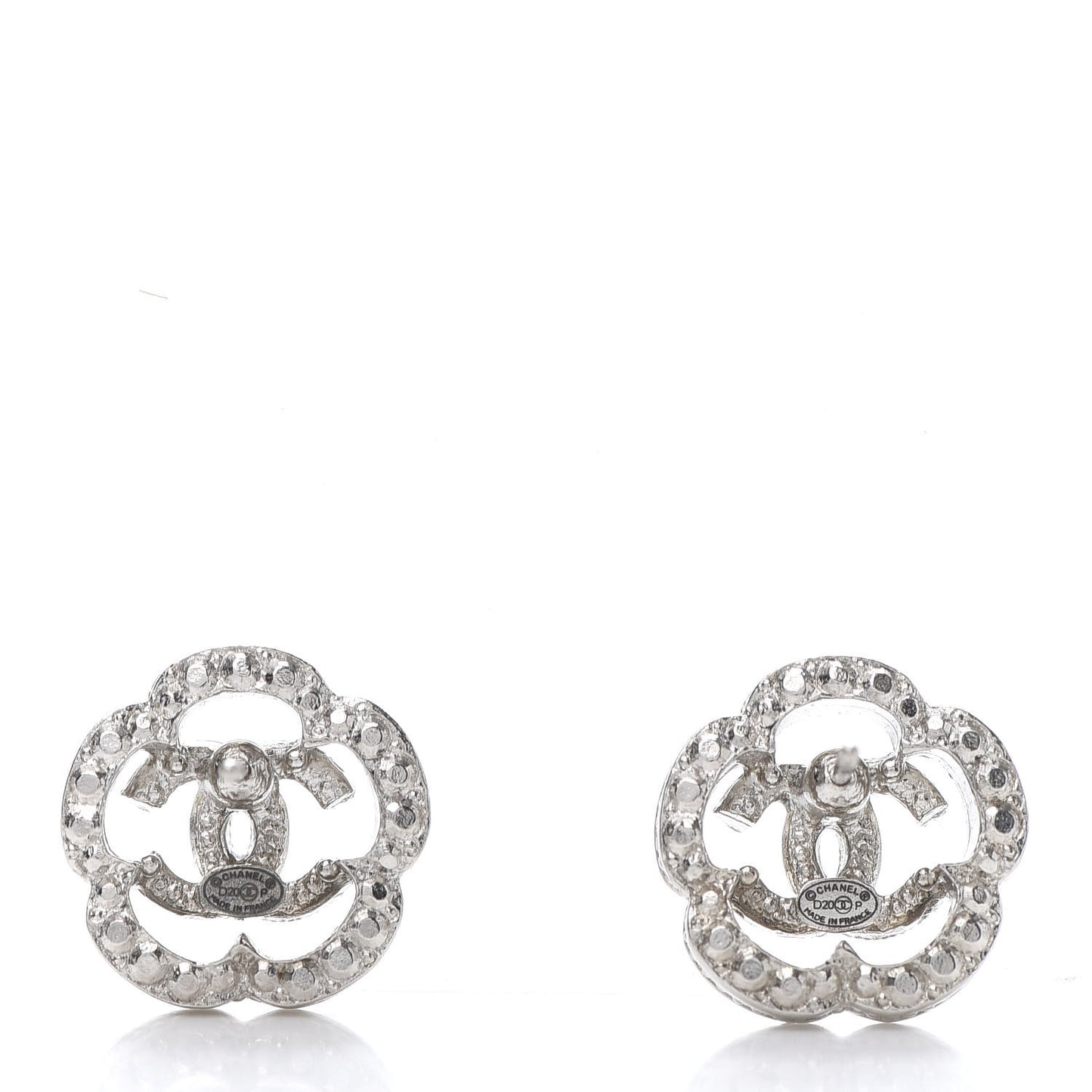 Crystal Coco Flapper Camellia CC Stud Earrings Silver