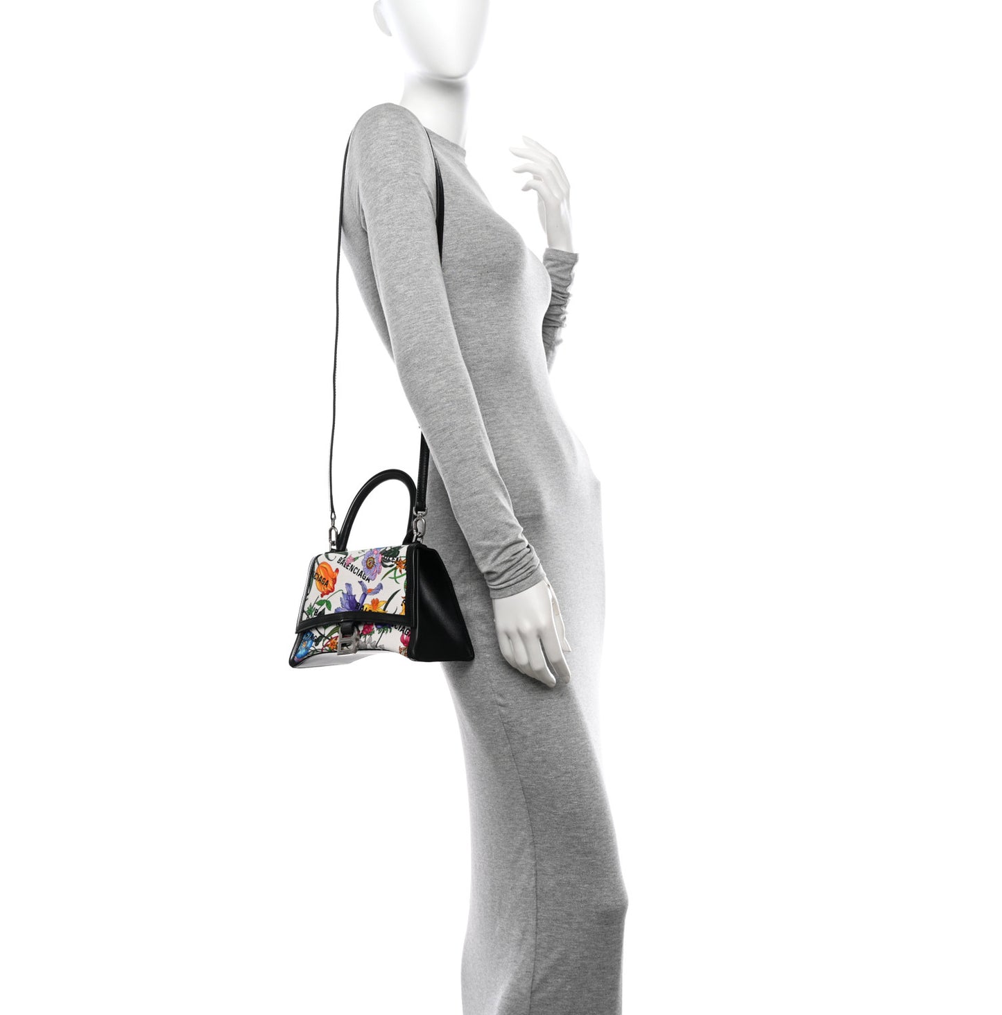 X GUCCI Canvas Boarded Plutone Calfskin Flora Logo Print Small Hourglass Top Handle Bag White Multicolor Black