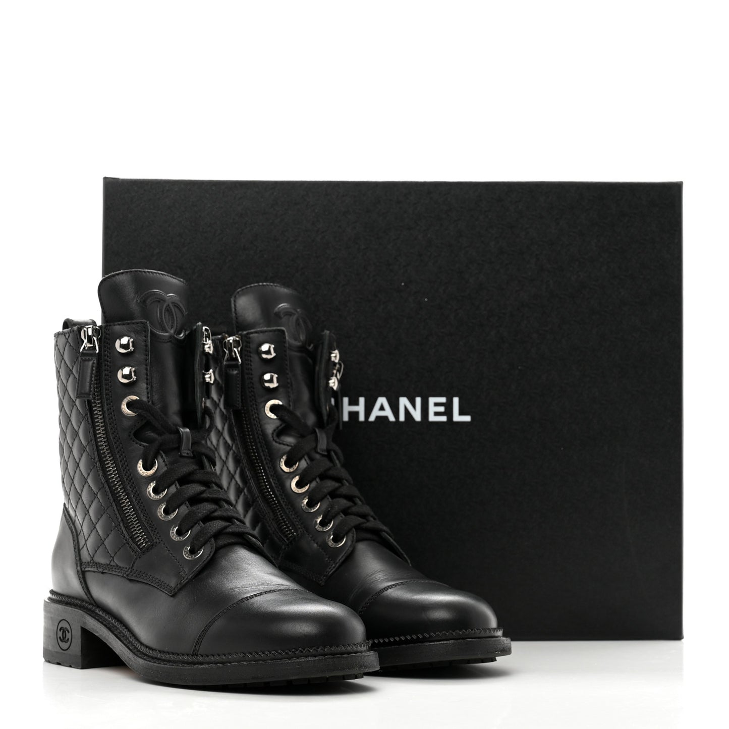 Calfskin Quilted Lace Up Combat Boots 37 Black