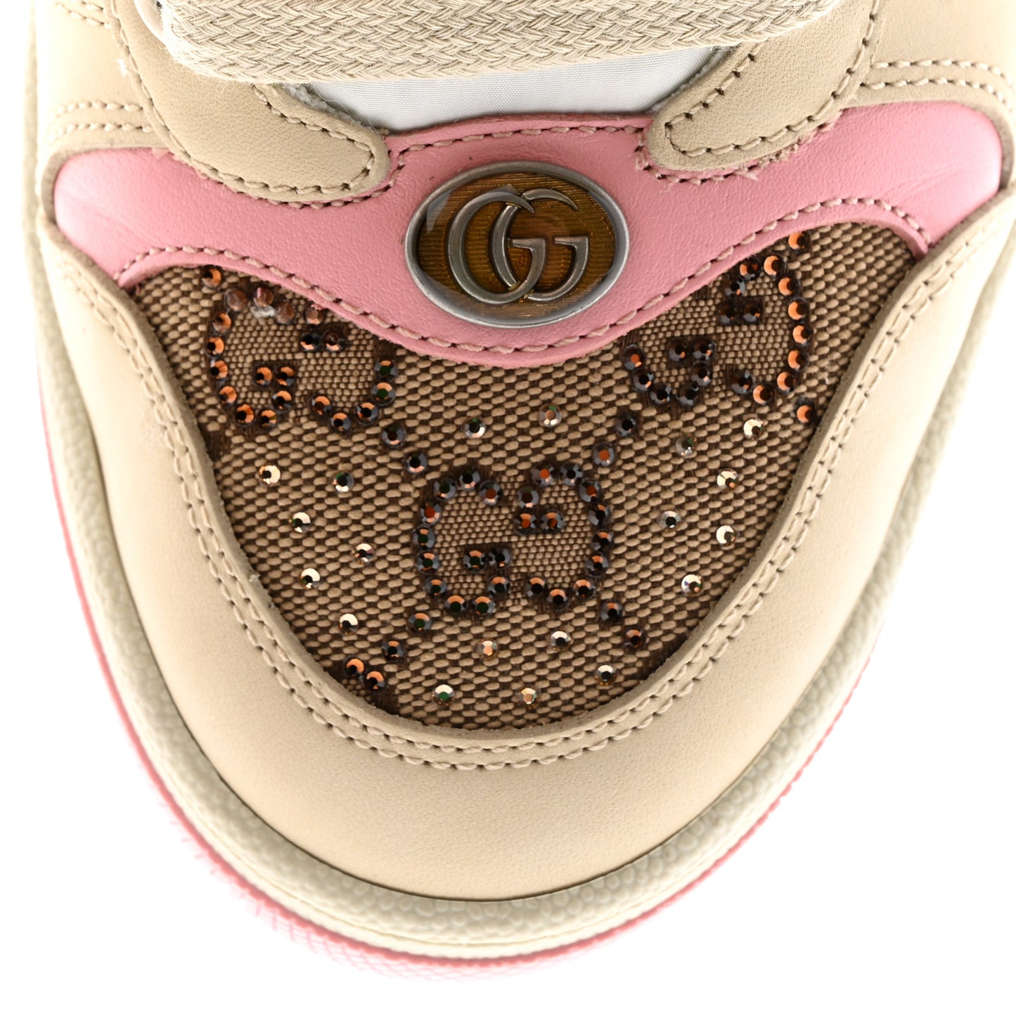 New GG Monogram Nubuck Web Crystal Embellished Womens Screener Sneakers 37 Camel Ebony Wild Rose