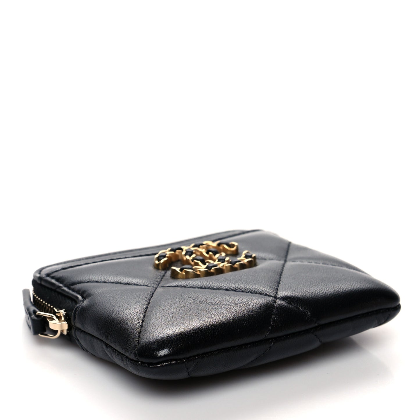 Lambskin Quilted Chanel 19 Zip Card Holder Wallet Black