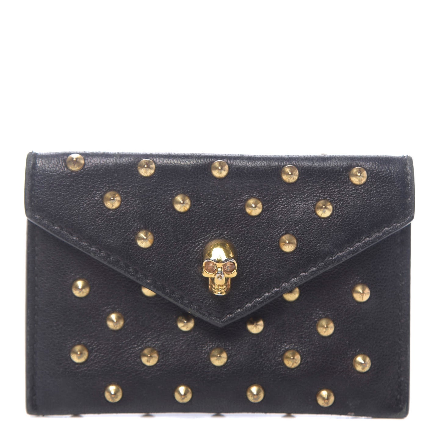 Calfskin Studded Skull Envelope Card Holder Black