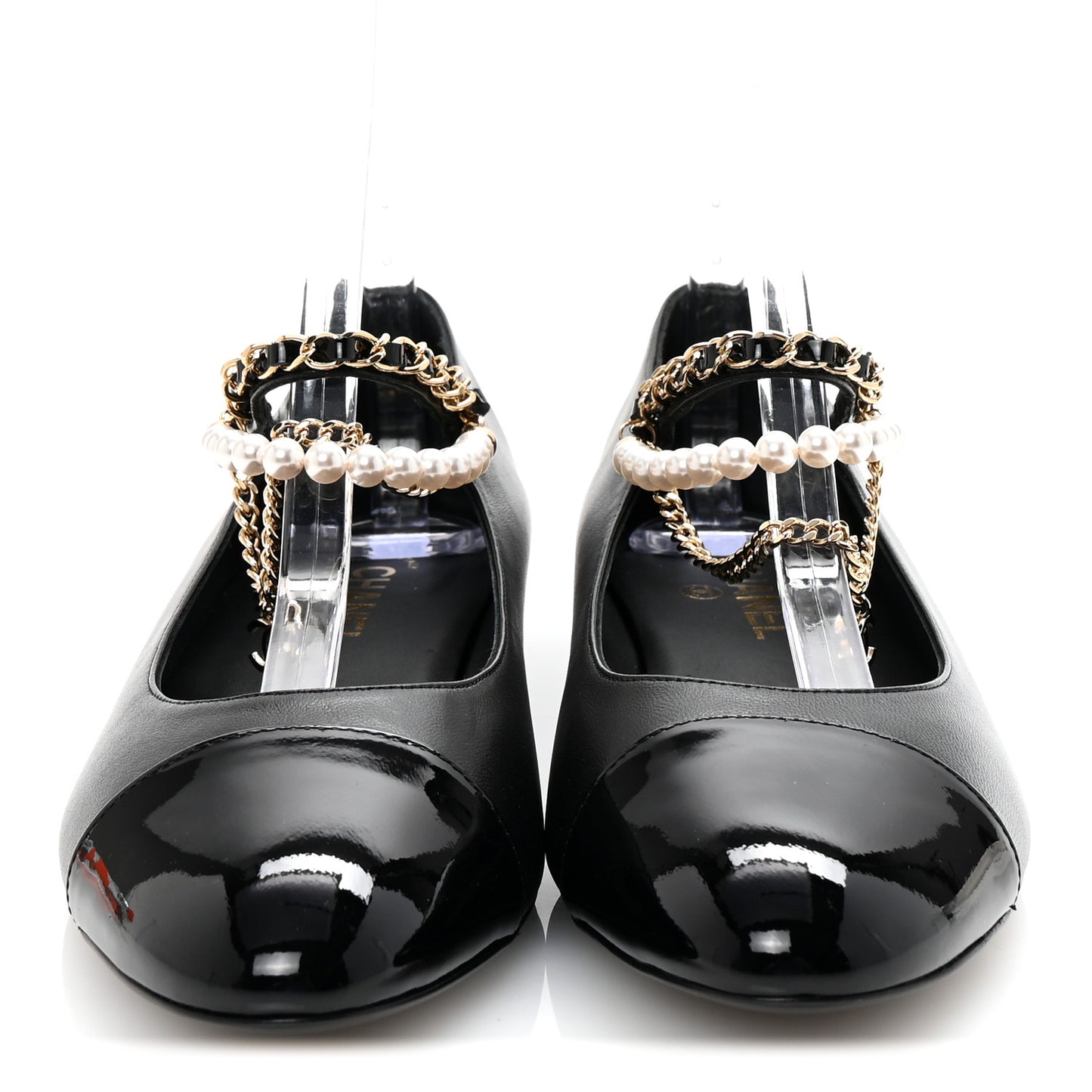 Shiny Lambskin Pearl Cap Toe Ankle Chain Ballerina Flats 41 Black