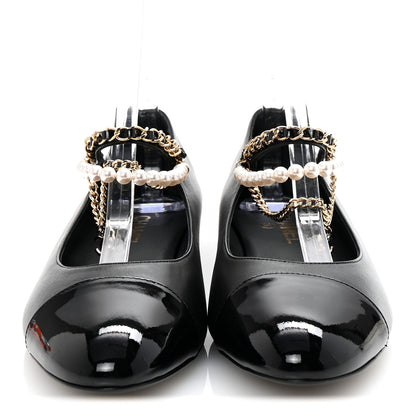 Chanel Shiny Lambskin Pearl Cap Toe Ankle Chain Ballerina Flats 41 Black 3 of 10