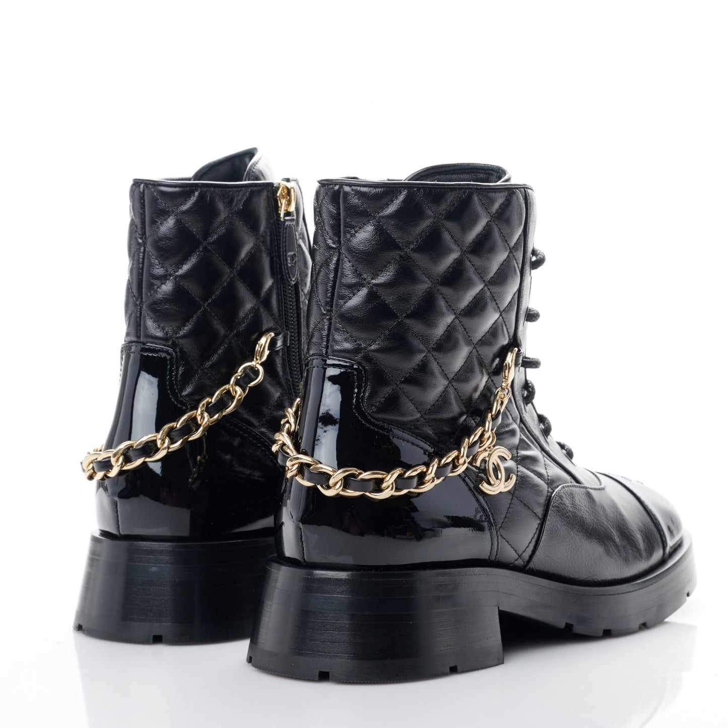 Shiny Calfskin Patent Quilted Chain Lace Up Combat Boots 39 Black