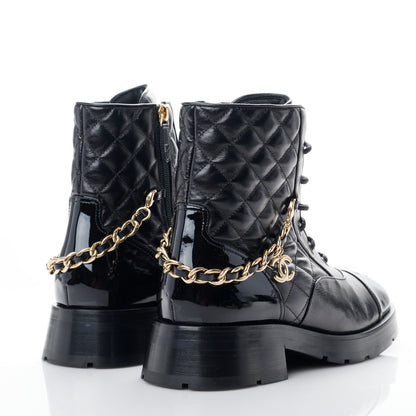 Chanel Shiny Calfskin Patent Quilted Chain Lace Up Combat Boots 39 Black 4 of 9