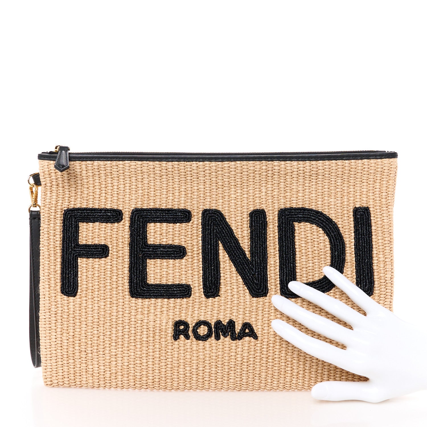 Fendi Straw Vitello King Logo Woven Large Flat Pouch Paglia Black 2 of 7
