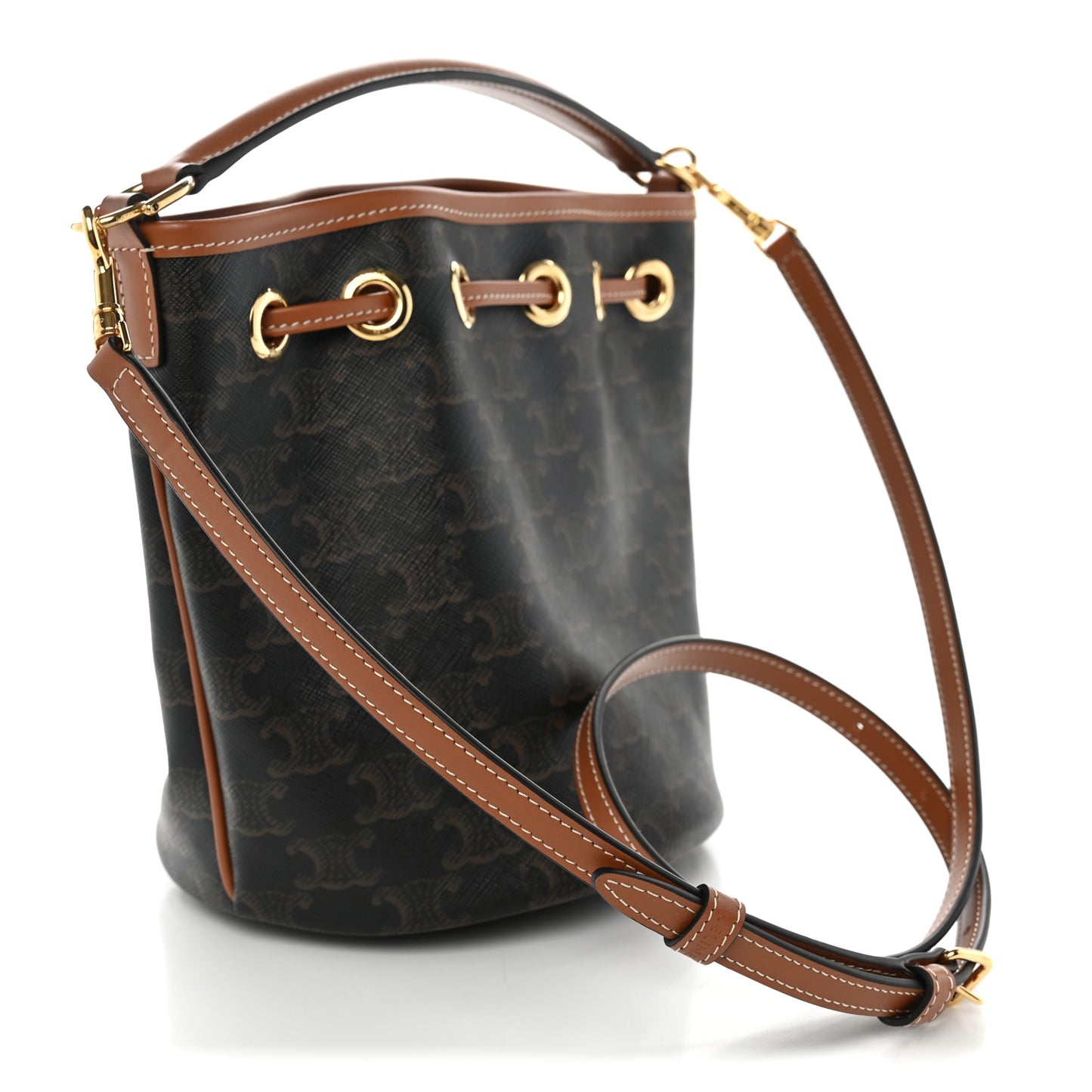 Triomphe Canvas Calfskin Teen Clara Drawstring Bucket Bag Tan
