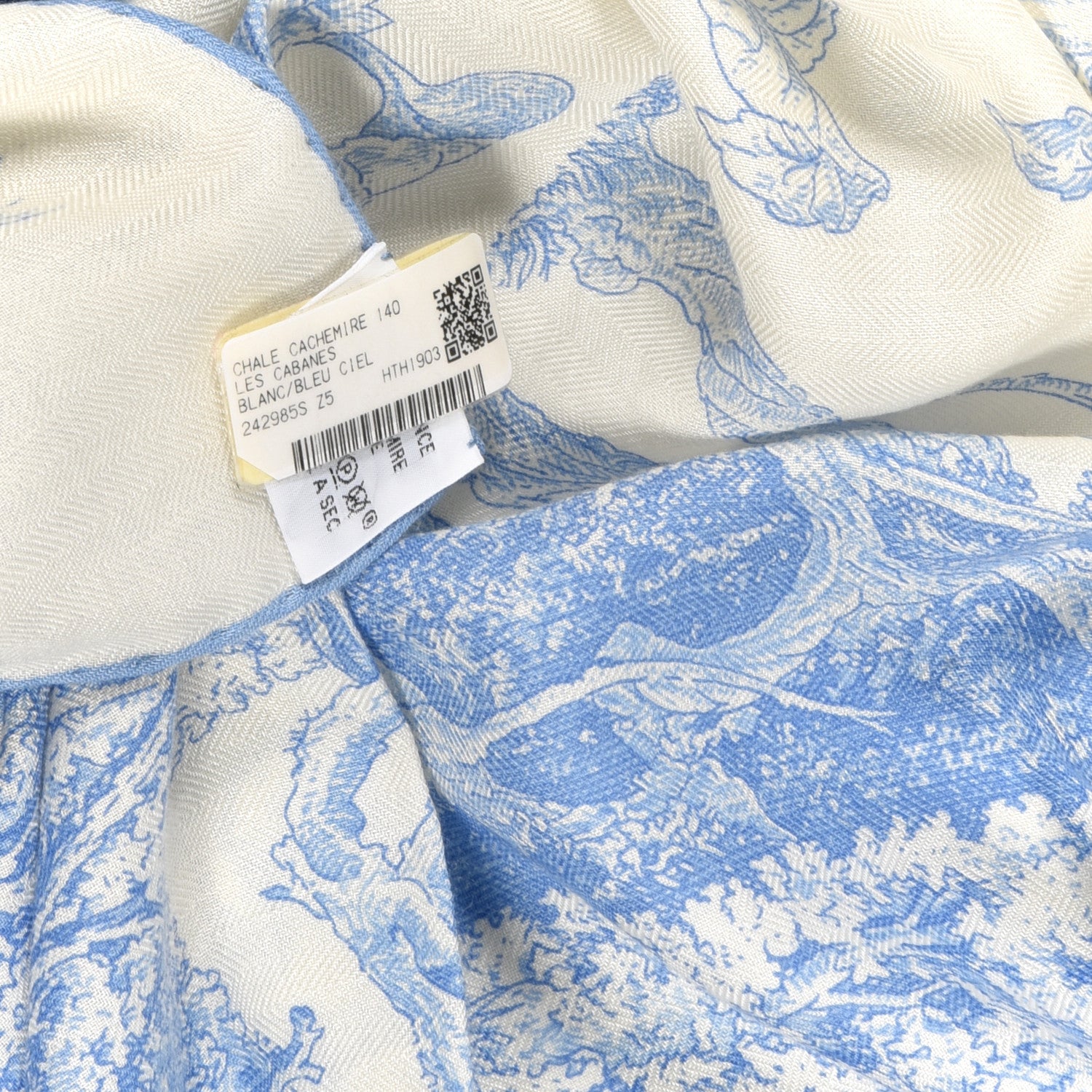 Hermes Cashmere Silk Les Cabanes Shawl 140 White Bleu Ciel 4 of 4