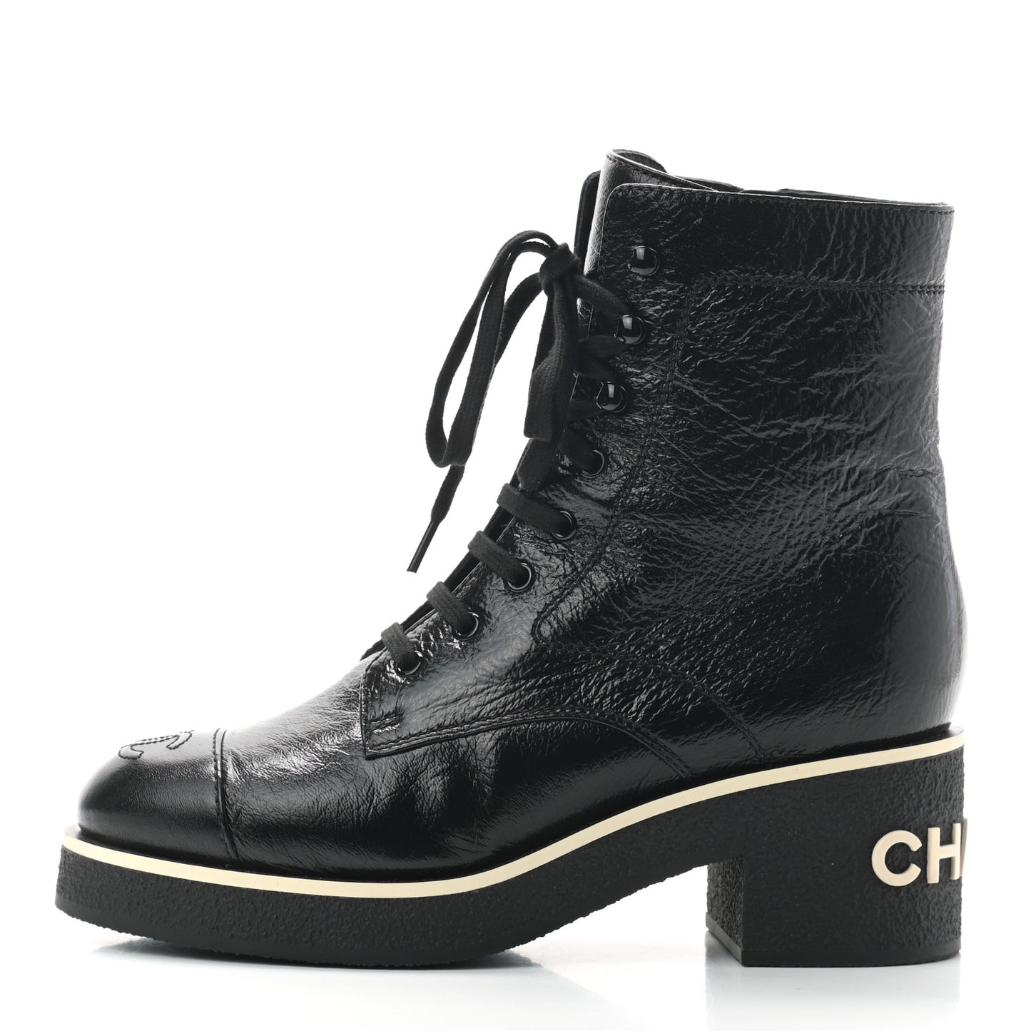 Shiny Crumpled Lambskin Lace Up Combat Boots 38.5 Black