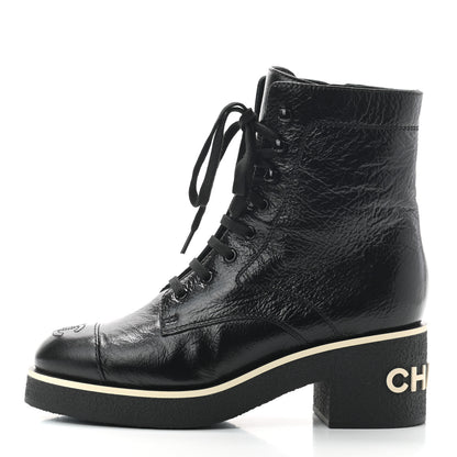 Chanel Shiny Crumpled Lambskin Lace Up Combat Boots 38.5 Black 1 of 7