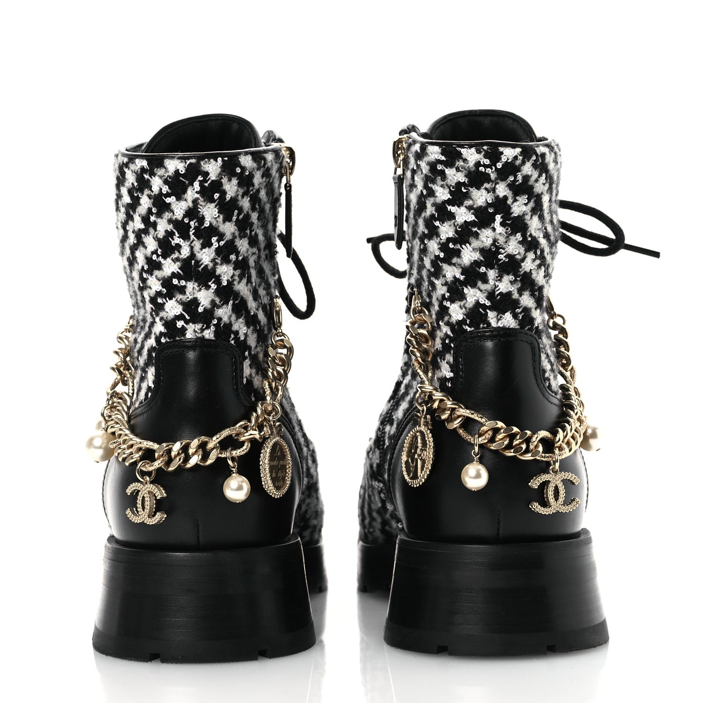 Wool Tweed Calfskin Chain Lace Up Combat Boots 38 Black White