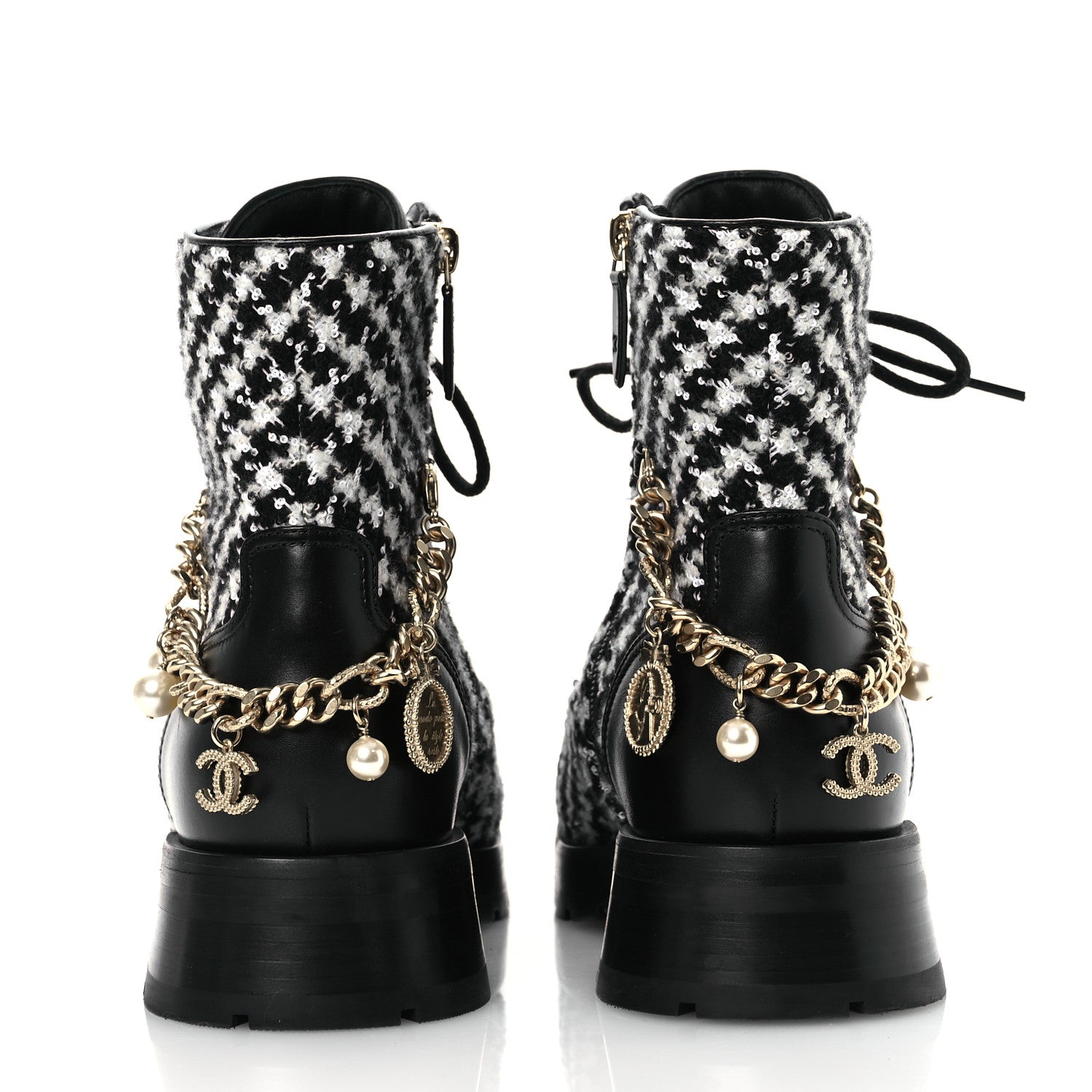 Chanel Wool Tweed Calfskin Chain Lace Up Combat Boots 38 Black White 6 of 11