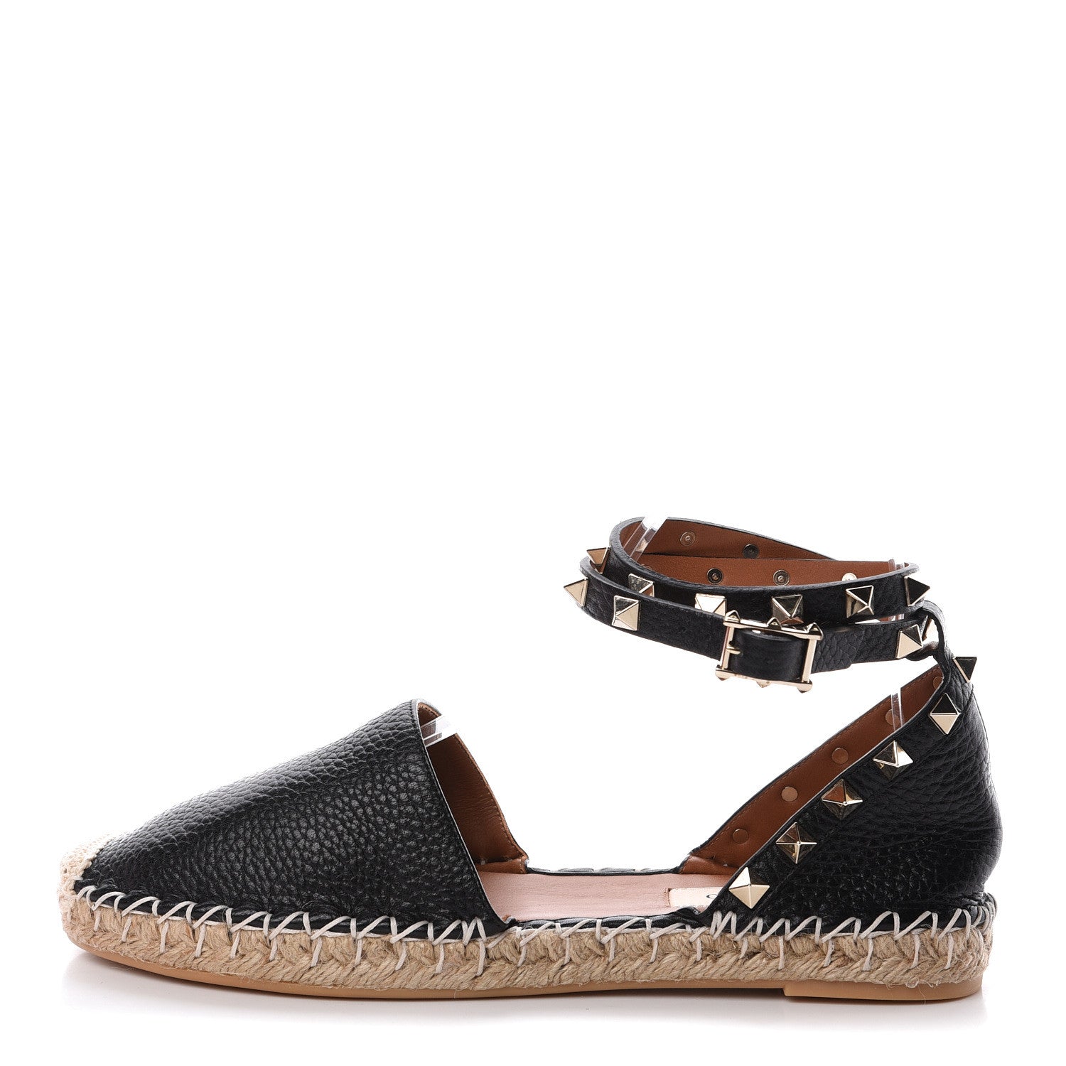 Valentino Garavani Grained Calfskin Rockstud Ankle Wrap Espadrille 20mm Flats 36 Black Light Cuir Natural 1 of 8
