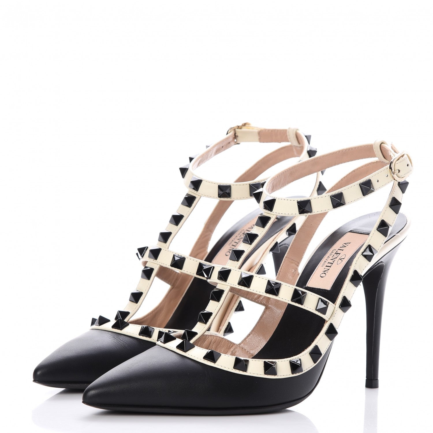 Valentino Garavani Calfskin Rockstud Ankle Strap Pumps 36 Black Ivory 3 of 11