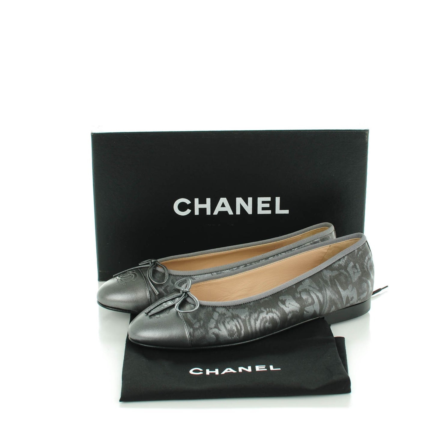 Metallic Lambskin Camellia Cap Toe Ballerina Flats 38 Dark Grey