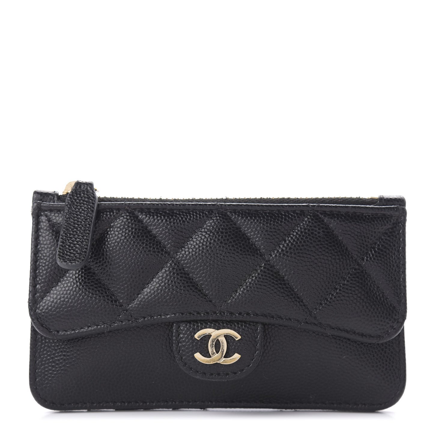Caviar Quilted Flap Zip Card Holder Black