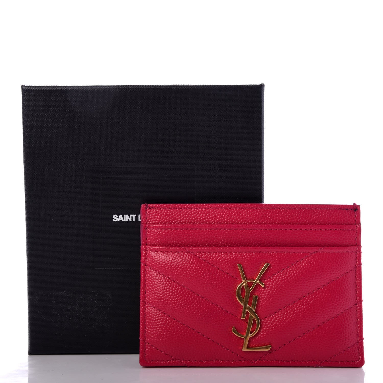 Saint Laurent Grain De Poudre Matelasse Chevron Monogram Credit Card Case Fresh Fuxia 8 of 8