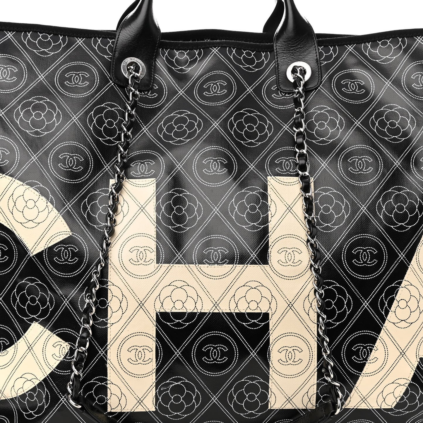Coated Canvas Camellia Large Shopping Tote Black Beige
