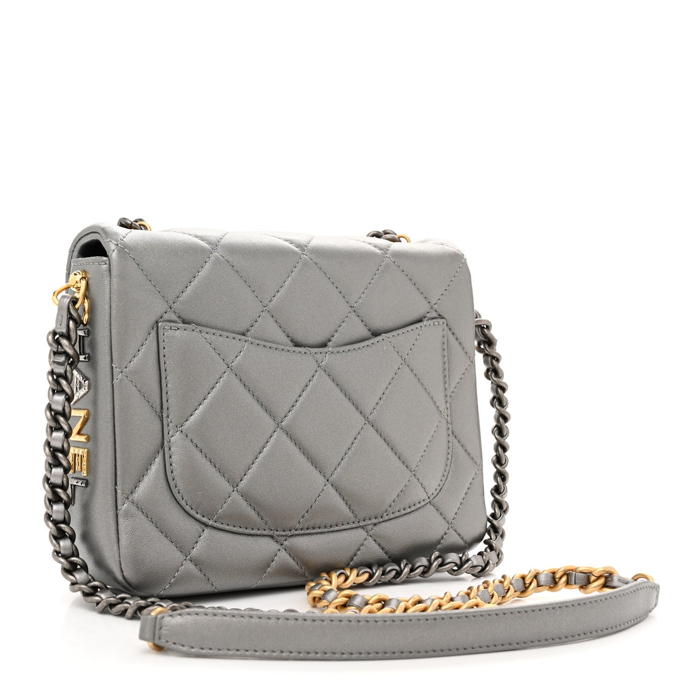 Metallic Lambskin Quilted Small Side Note Flap Grey