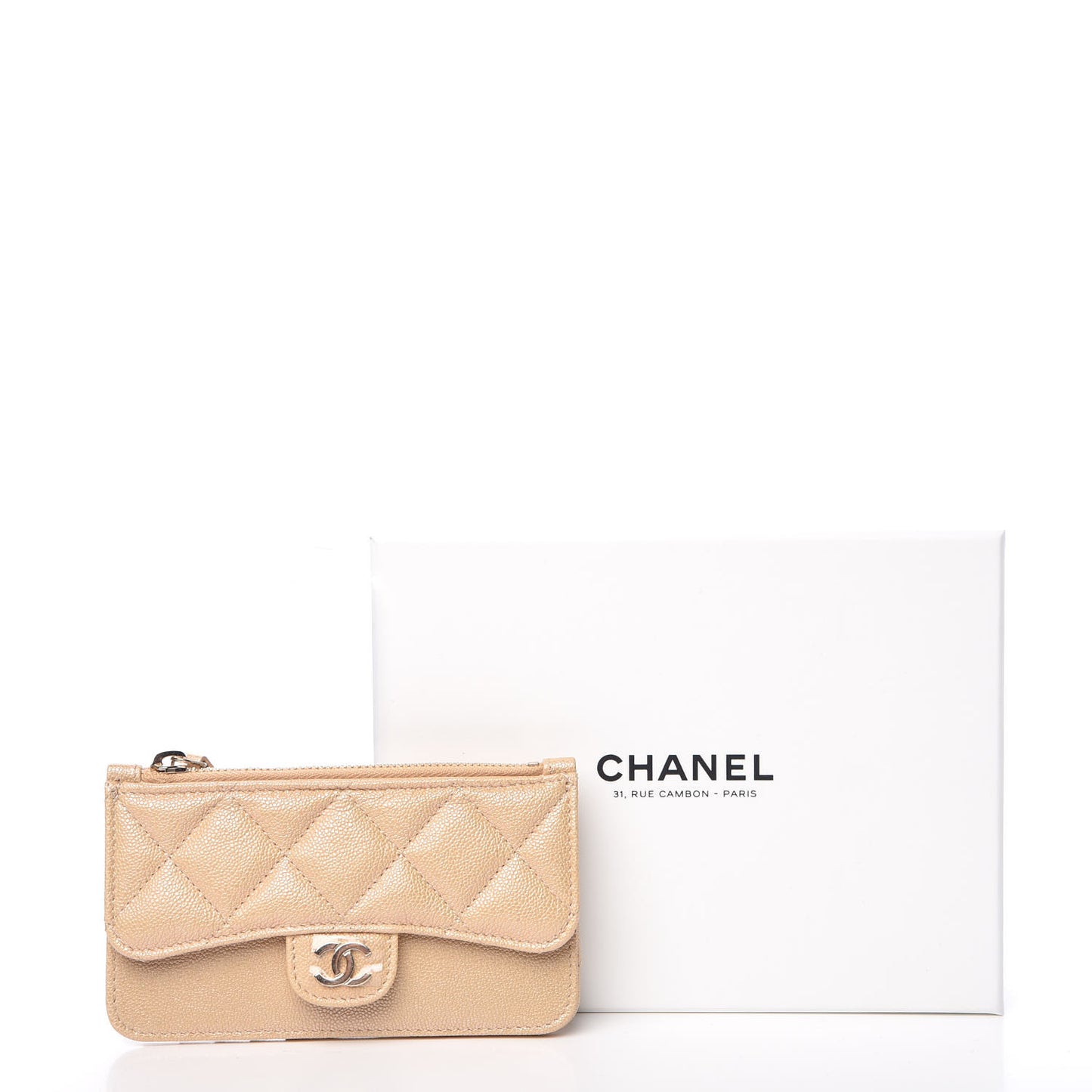 Iridescent Caviar Quilted Flap Zip Card Holder Beige