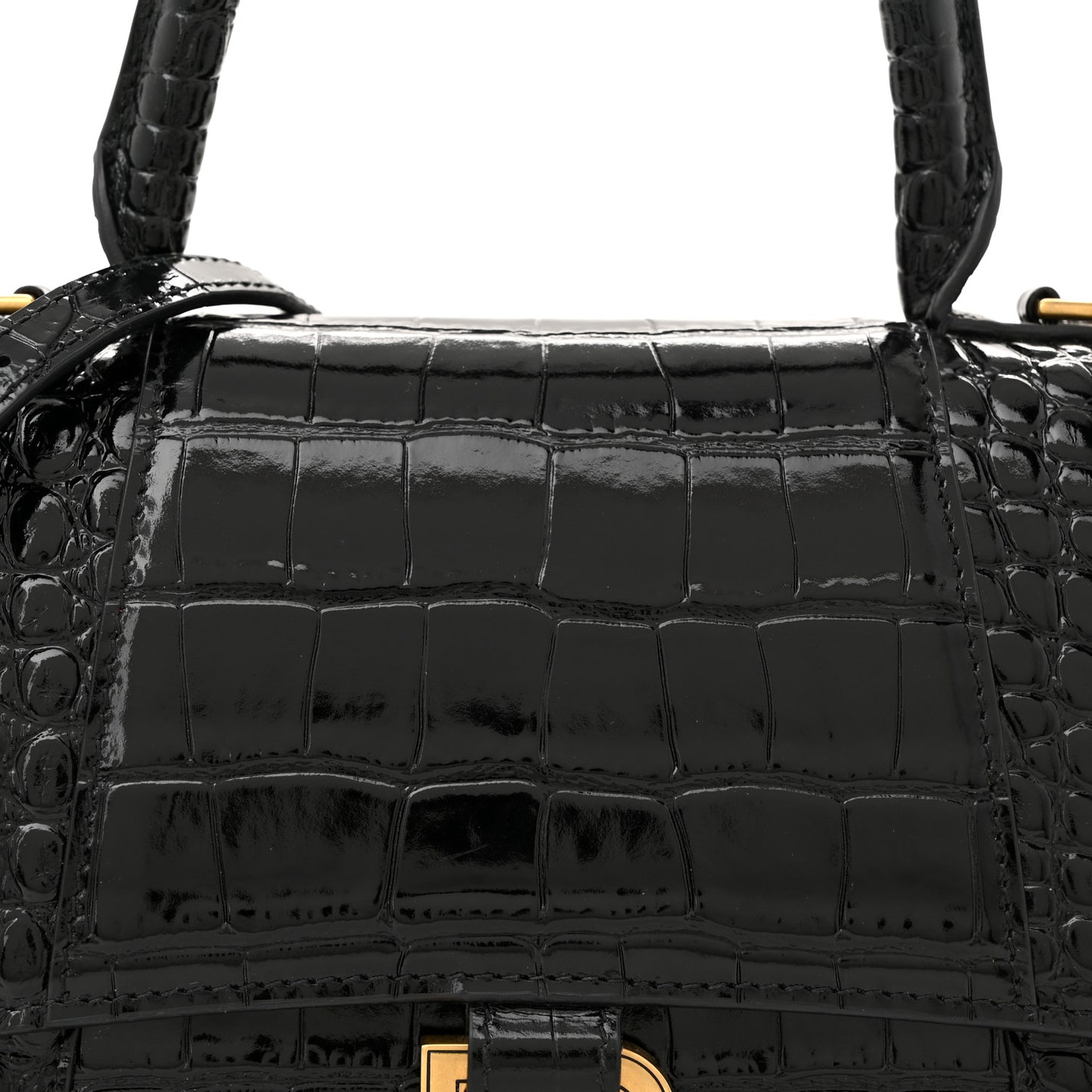 Shiny Calfskin Crocodile Embossed Small Hourglass Top Handle Bag Black