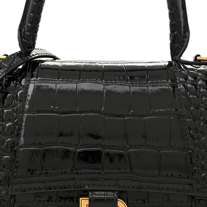 Balenciaga Shiny Calfskin Crocodile Embossed Small Hourglass Top Handle Bag Black 9 of 13