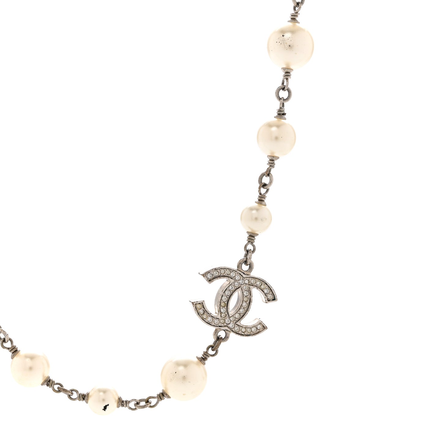 Graduated Pearl Crystal CC Long Necklace Silver