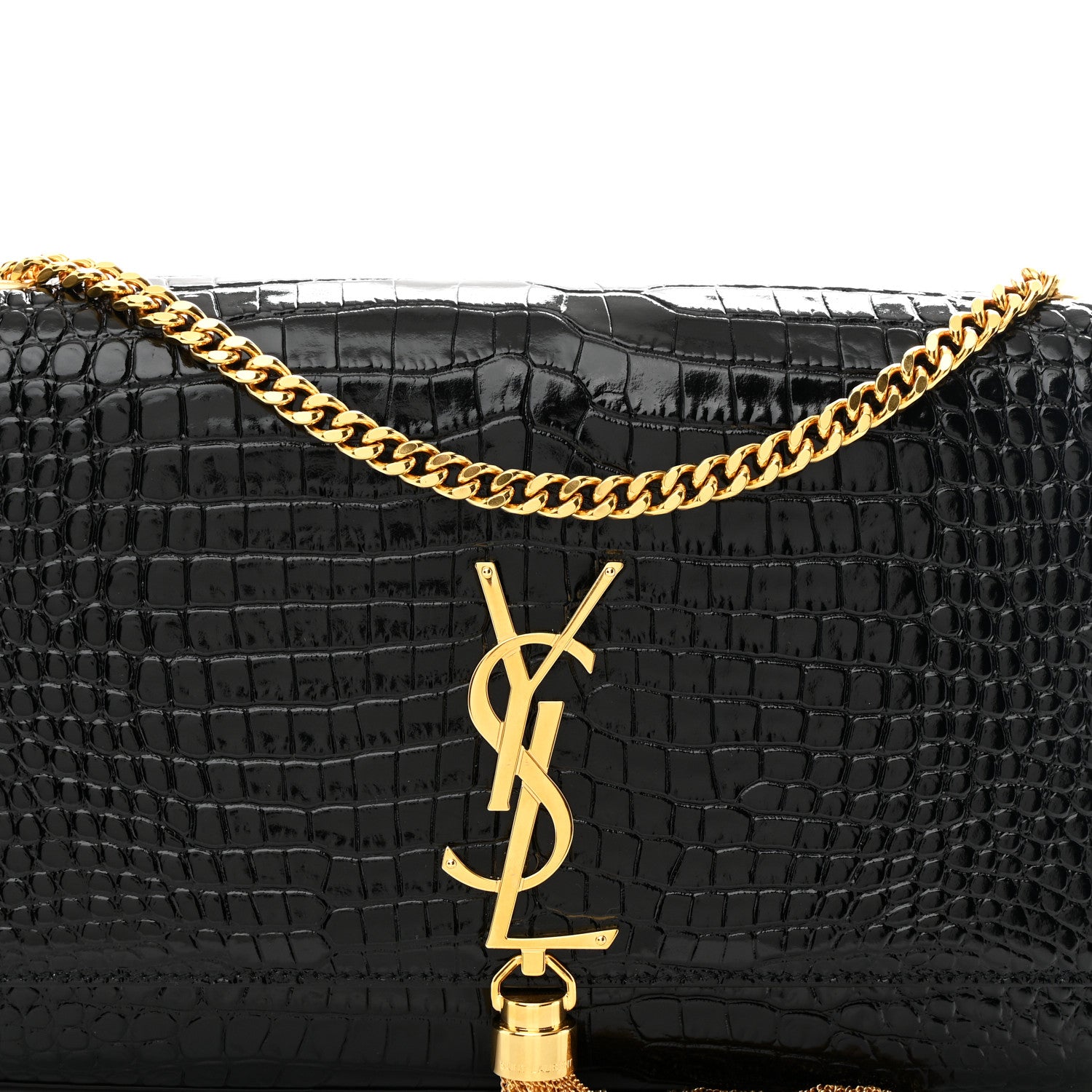 Saint Laurent Calfskin Crocodile Embossed Medium Classic Monogram Kate Tassel Satchel Black 8 of 10