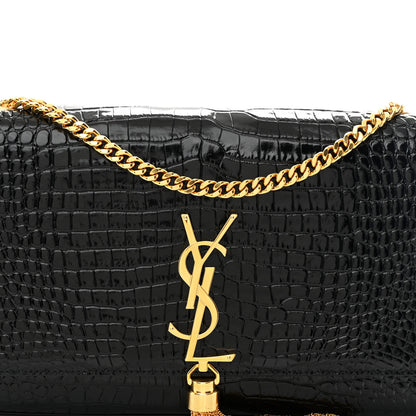 Saint Laurent Calfskin Crocodile Embossed Medium Classic Monogram Kate Tassel Satchel Black 8 of 10